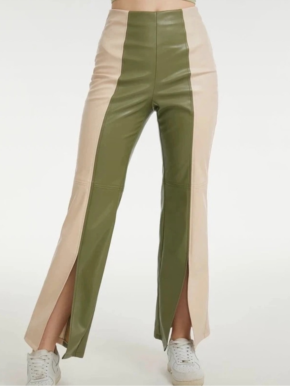 Cider green and beige color-blocked retro faux leather pants with slit detail, S